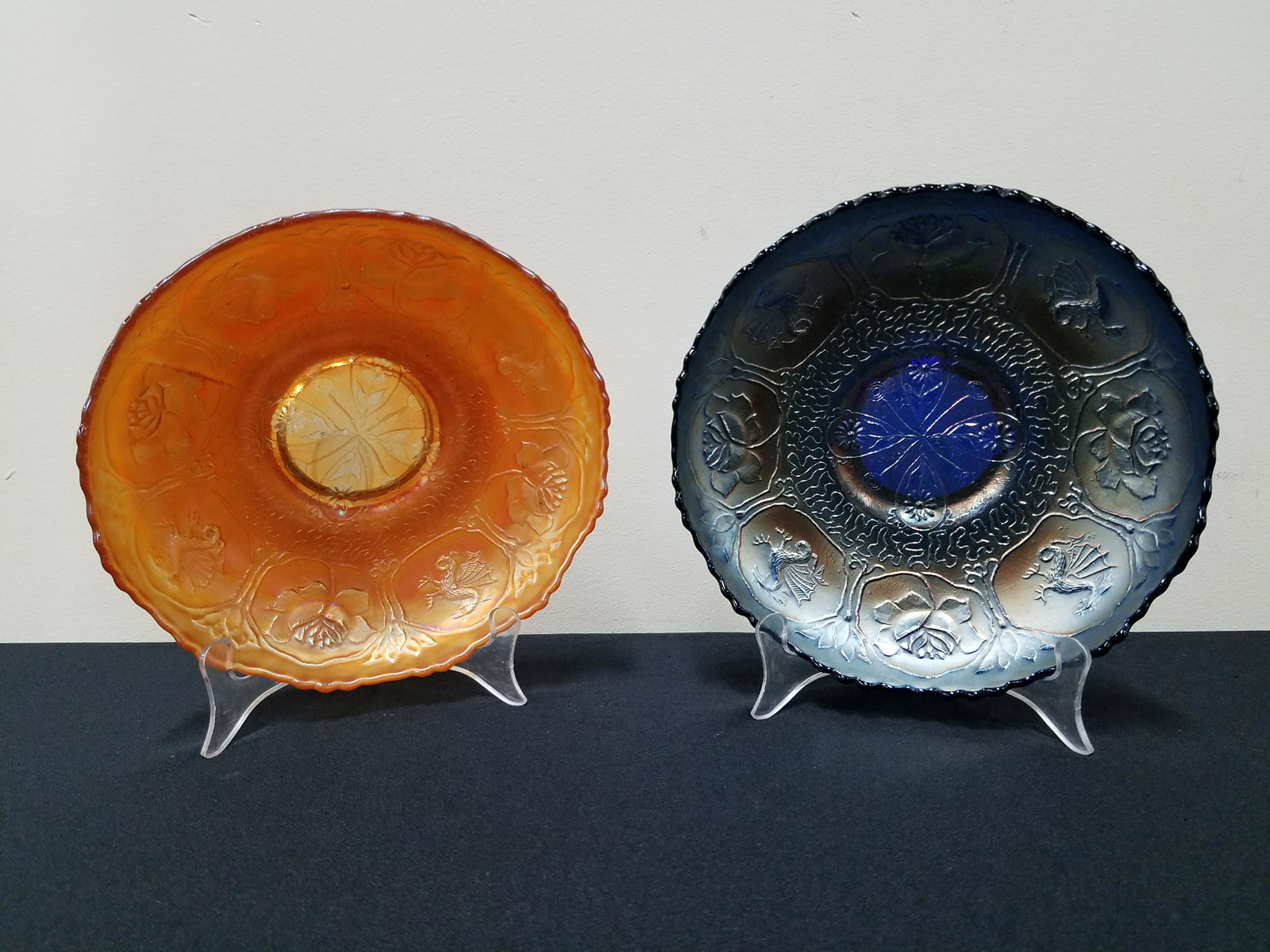 2 Lotus Flower and Dragon Carnival Glass Dishes: Both 8-3/4" diameter x 2-1/4" high. Property from Rossmoyne Farm Mechanicsburg, PA.