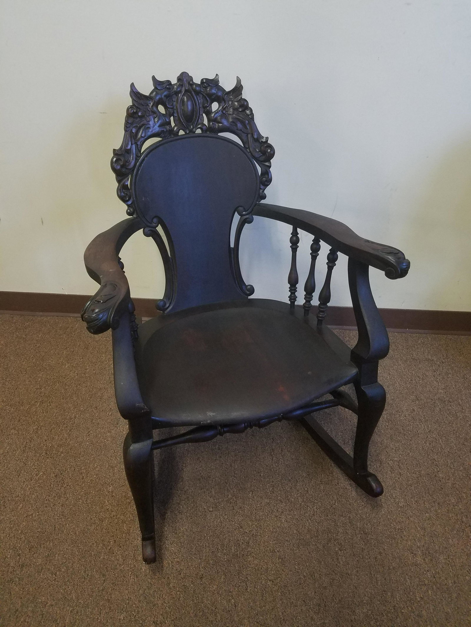 Rocking Chair with Carved Back: 26" wide x 32" deep x 35-1/2" high. Minor finish losses. Property of George Kennan's summer home located in East Berlin, PA.