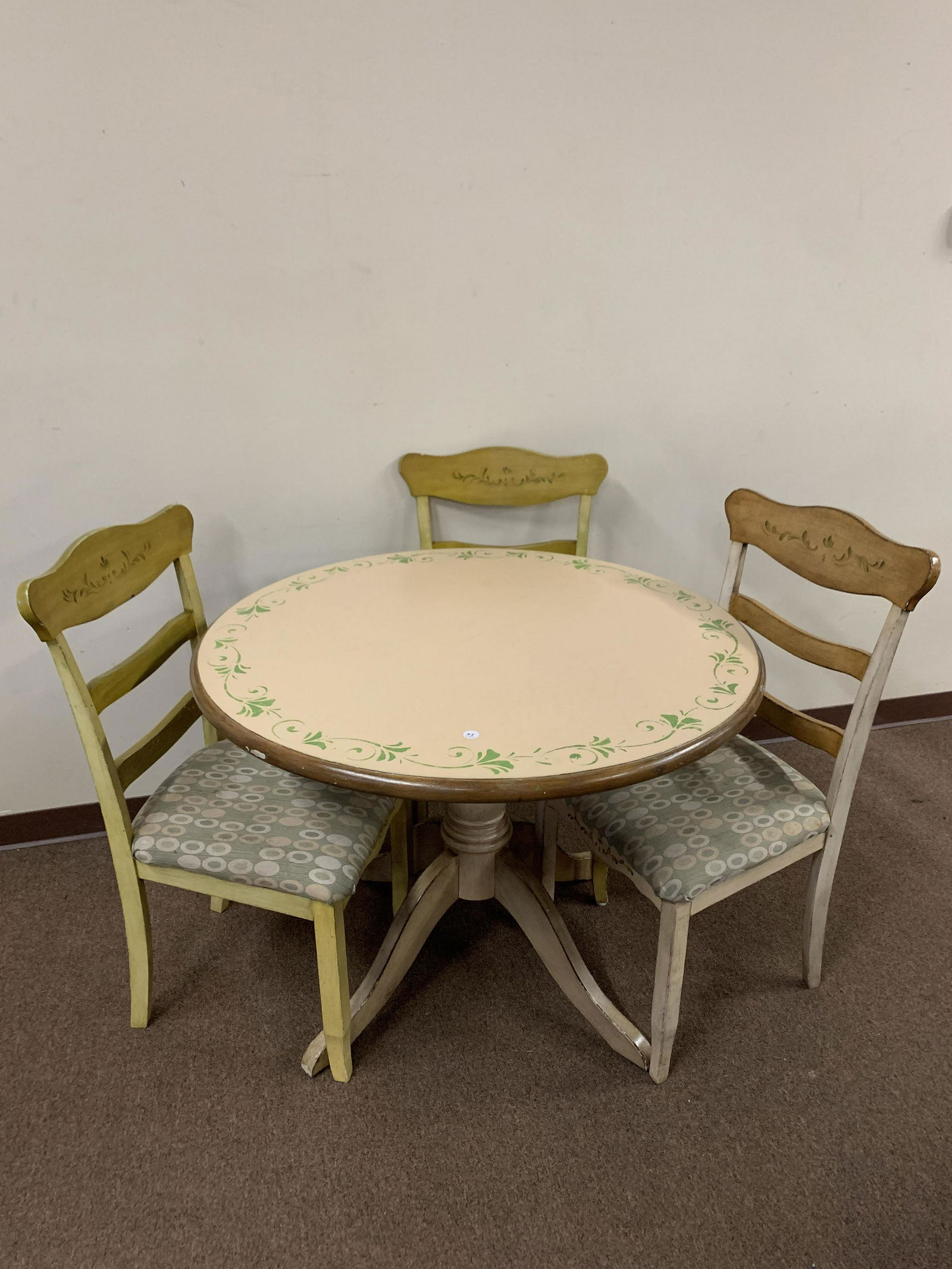 Table and 3 Chairs: Table: Minor paint and wood losses. 41-1/2 diameter x 31-1/2 high. 3 Chairs: Minor chips and wood losses. Stains on cushions. 20 wide x 19 deep x 39 high.