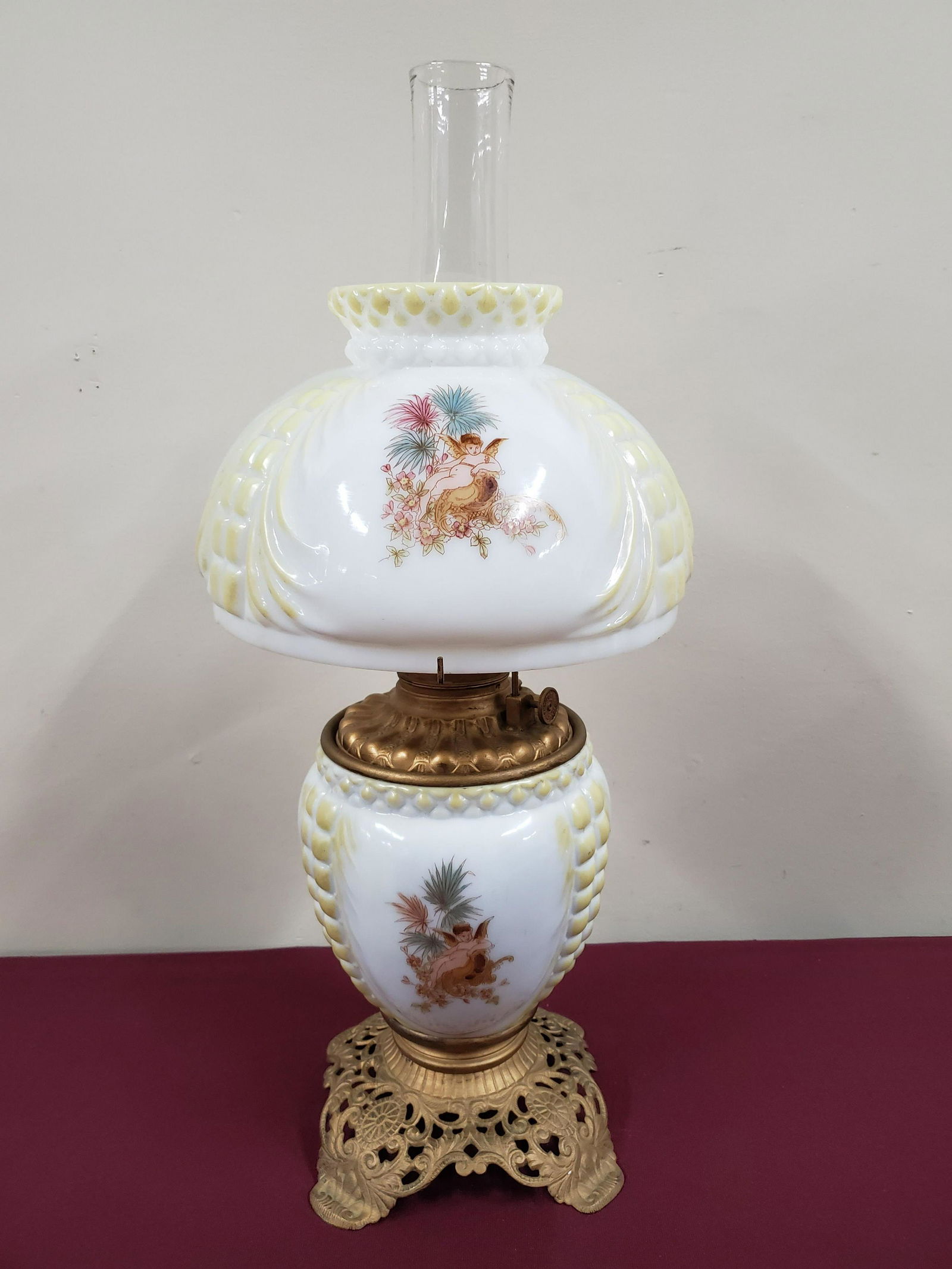 Hand Painted Gone With the Wind Lamp: 10-1/4 diameter x 23-1/2" high. Burner insert marked FOSTORIA Pat'D: Aug 14,88.