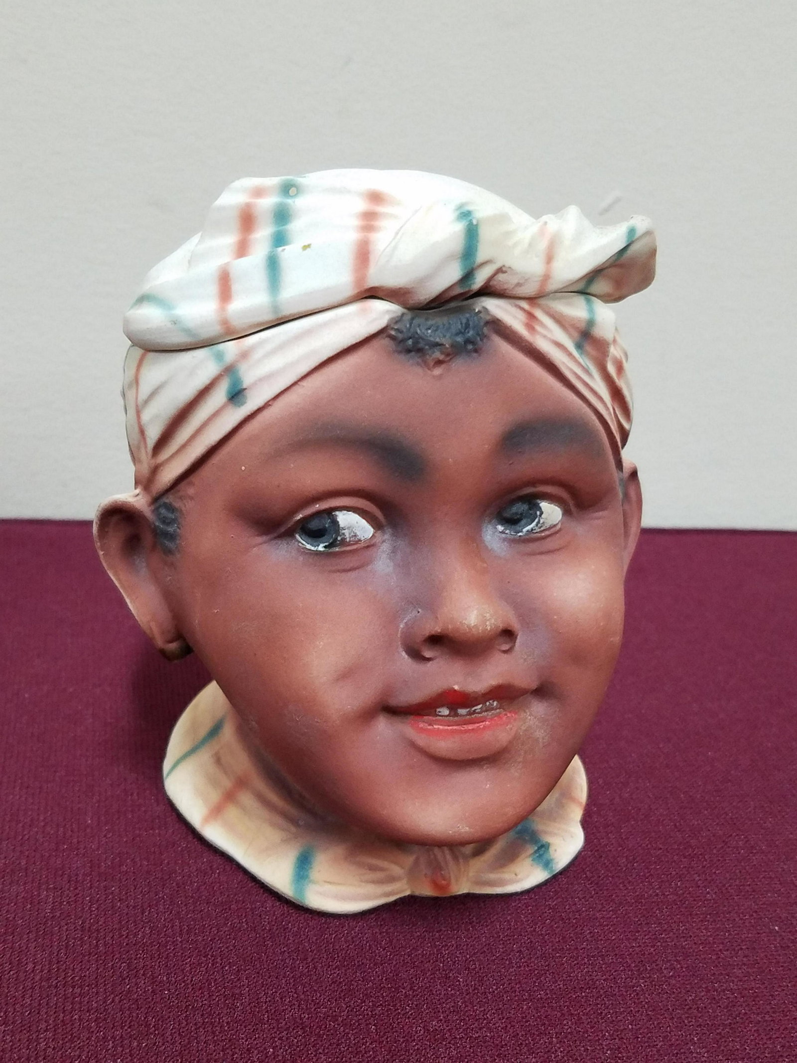 Figural Tobacco Jar: Unmarked. 4" wide x 5" high.