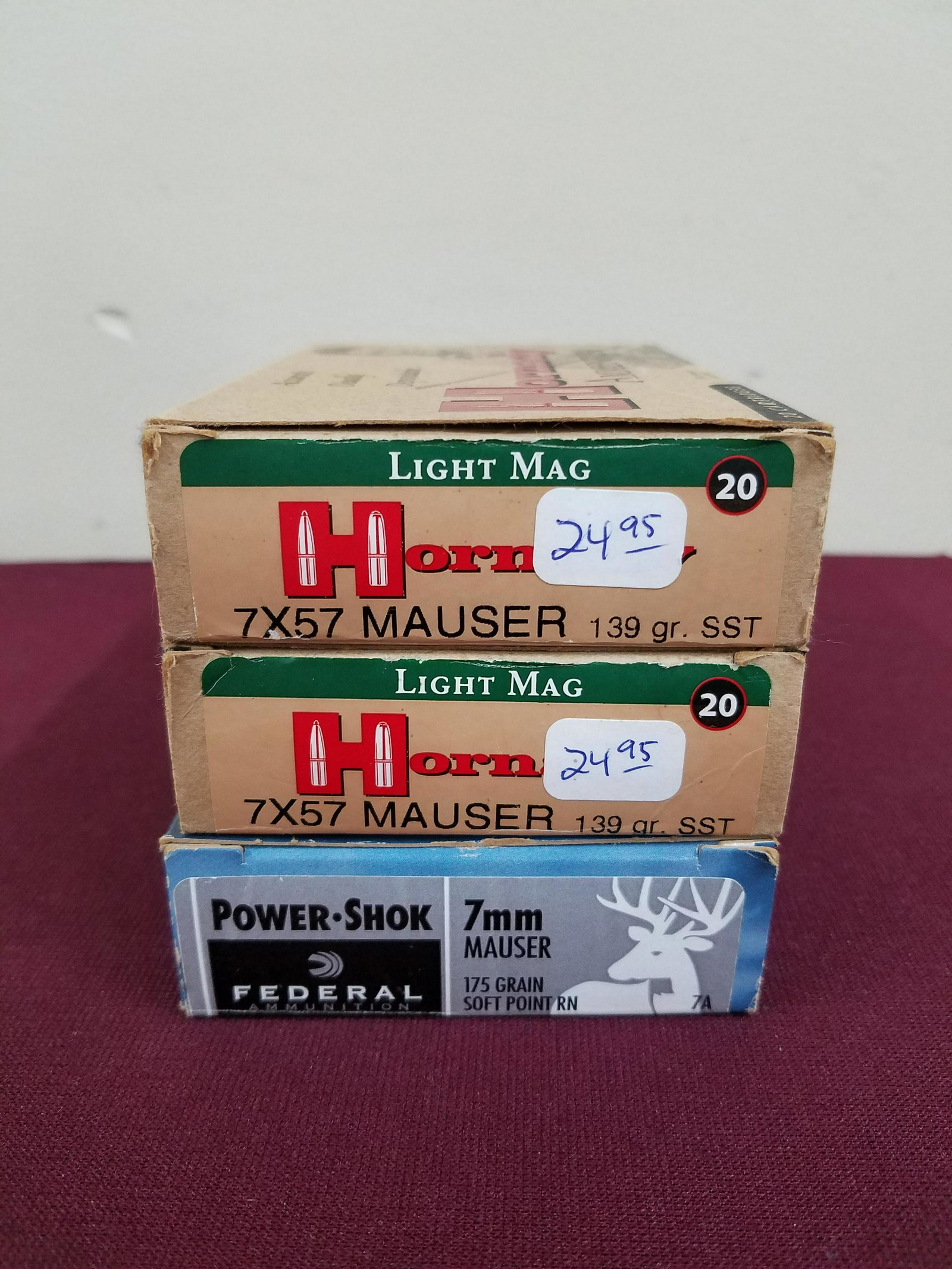 40 Rounds 7 x 57 and 20 Rounds 7 mm Ammo: Includes 40 rounds of Hornady 7 x 57 Mauser 139 gr. and 20 rounds of 7mm Federal 175 gr. soft point ammo.