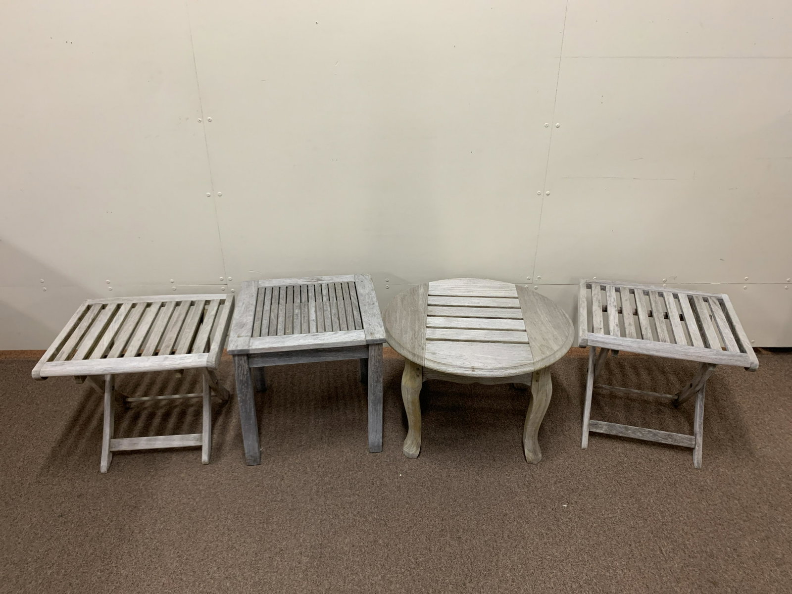 4 Teal Kingsley-Bate Tables: Left: 18-1/2 wide x 17-1/2 high. Left-Middle: 19 wide x 18-1/4 high. Right-Middle: 26 wide x 17 high. Right: 18-1/2 wide x 17-1/2 high.