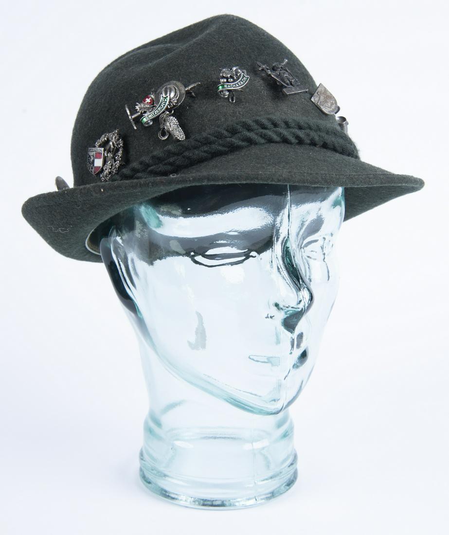 German Alpine Hat with 15 Pins: DESCRIPTION: Echt Schweissleder German Alpine hat with fifteen pins. Pins include 1936 Krevzeck Garmisch German Olympic skiing, Garmisch hiking, Oktoberfest, German hunting with horn and goat, faux de