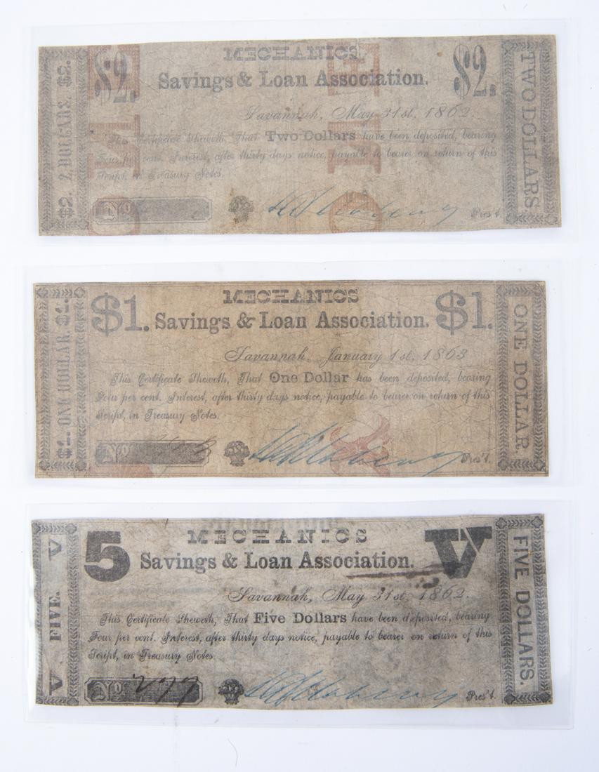 3 19th C. Mechanic Savings & Loan Bank Notes: DESCRIPTION: Three Mechanic Savings & Loan Association bank notes. Savannah, Georgia. Includes $5 from 1862, $2 from 1862, and $1 from 1863. MEASUREMENTS: 6-1/4" x 2-3/8". CONDITION: Toning.