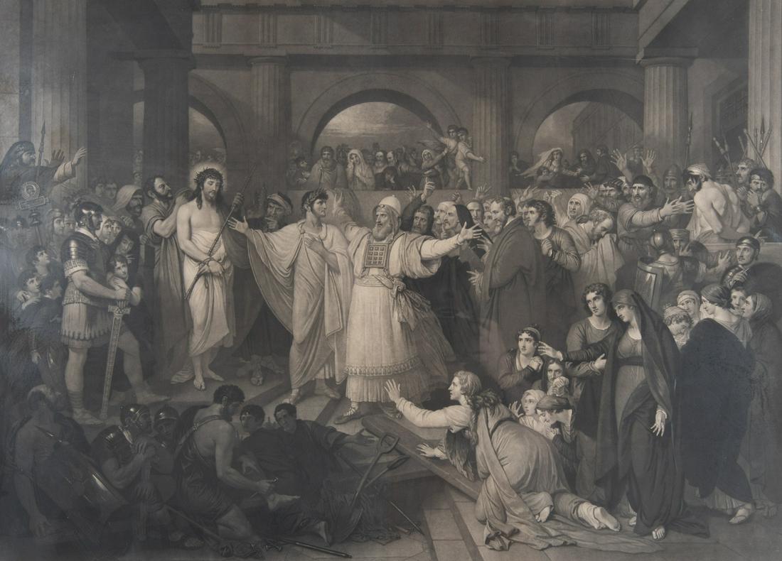 "Christ Rejected" Engraved Print by John Sartain: DESCRIPTION: John Sartain (Pennsylvania, 1808-1897) after Benjamin West engraved print of "Christ Rejected". Dated in print lower right 1863. Marked below title "After the Original Painting in the Pos