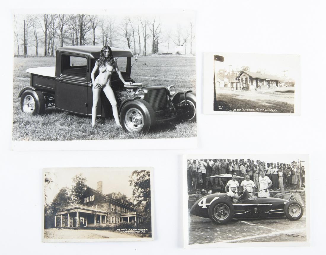 4 Black & White Photographs Incl Nude: DESCRIPTION: Four black and white photographs. 20th century. Includes nude of "Jade" reported the first exotic dancer in Harrisburg, Schmidt Spl. St. Louis racing team and car, Pennsylvania Klan Haven