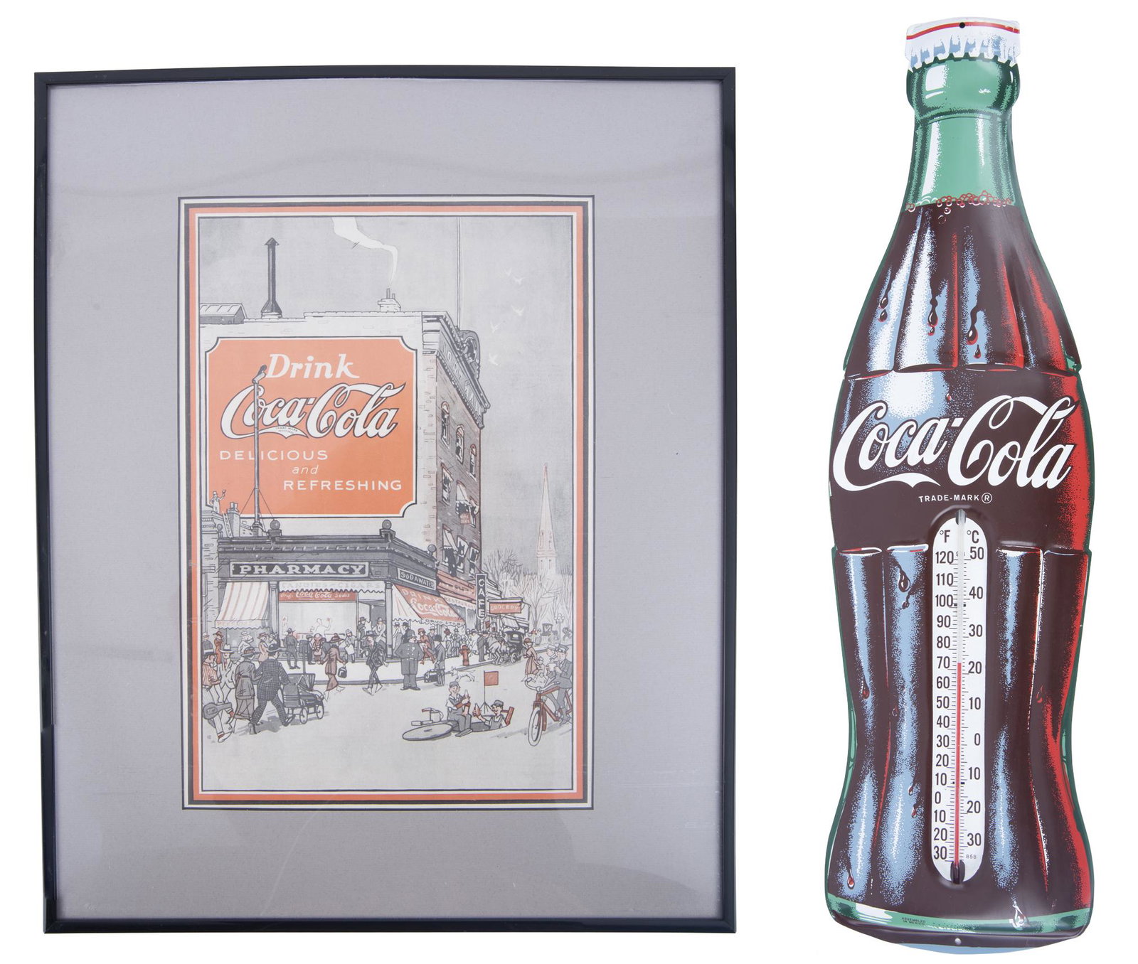 2 Pcs Coca-Cola Advertising Incl Thermometer: DESCRIPTION: Two pieces of Coca-Cola advertising. Includes: 1) Coca-Cola tin litho thermometer. Trade-marked. Assembled in Mexico. 29-3/8" x 8-1/2 x 1". Light scratching. 2) Coca-Cola advertisement. C