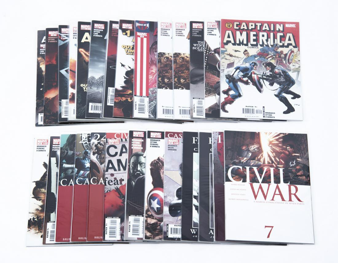 28 Marvel Comic Books Incl Captain America: DESCRIPTION: Twenty-eight Marvel Group Comics comic books. Includes Captain America 2005 Nos. 1-16. Captain America Civil War Nos. 22-25, Captain American The Initiative Nos. 26 & 27, Winter Soldier C
