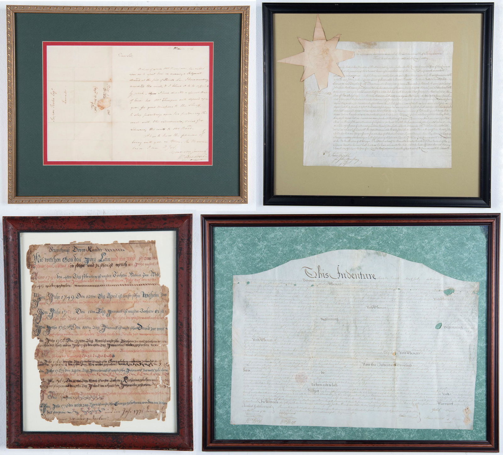 4 Penna. Documents Incl Land Indentures 1748-1797: DESCRIPTION: Four Pennsylvania documents. Includes 1) 1784 indenture for land called Mount Pleasant in Bethel Township, Dauphin County. Signed by John Armstrong and James Scrimble. with paper and wax