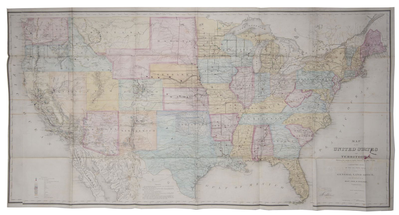 1867 Map of the United States & Territories: DESCRIPTION: Hand colored map of the United States and territories. Dated 1867. Constructed from the plates and and official surveys of the General Land Office. By Joseph Gorlinski, Draftsman. Paper l