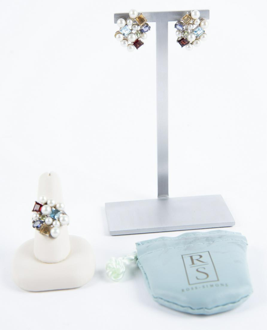 Ross-Simmons Sterling Ring and Earring Set: DESCRIPTION: Ross-Simmons sterling ring and pierced earring set with pearls and gemstones. All signed "925 RS". MEASUREMENTS: Ring size 6.5. Earrings 1" long. CONDITION: Very light ear. Includes origi