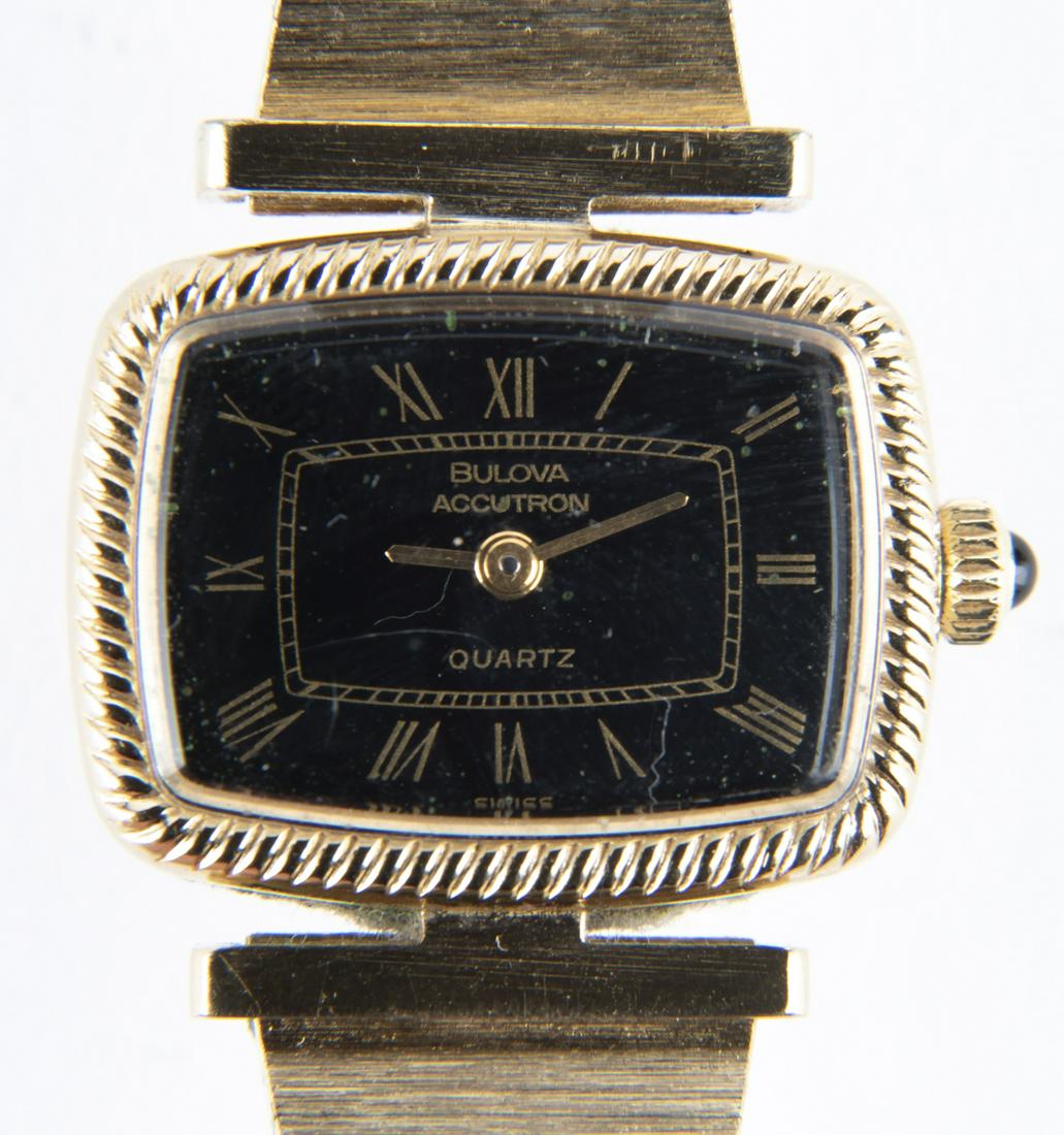 Bulova Accutron Ladies Wrist Watch: DESCRIPTION: Bulova Accutron ladies wrist watch with 10k RGP back. MEASUREMENTS: 1" lug to lug. CONDITION: Band with corrosion. Overall wear including scratches to crystal and case. Needs new battery.