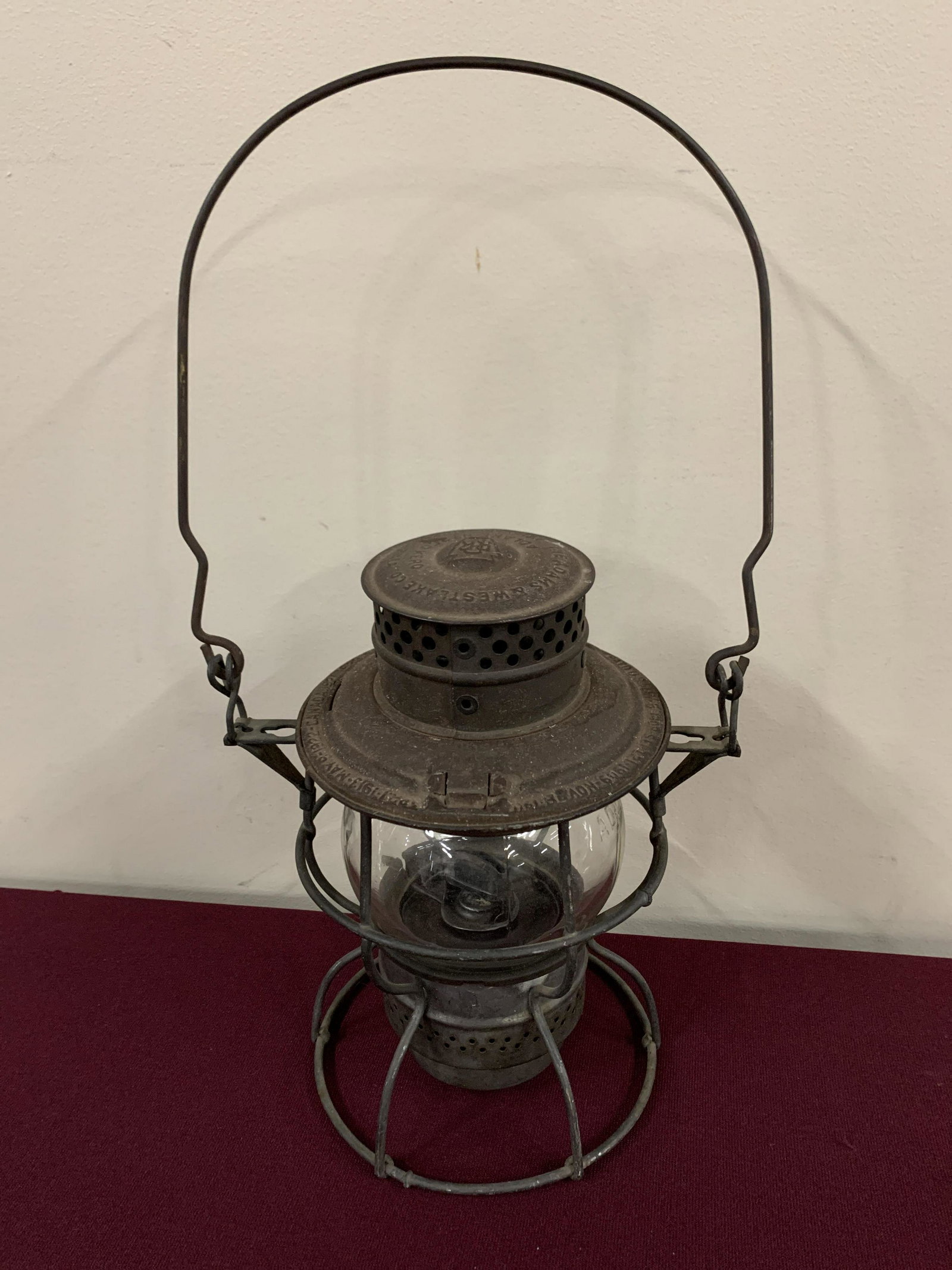 PRR Lantern: 8-1/2 wide x 15-1/2 high. Glass embassies. “Adlake Kero”.