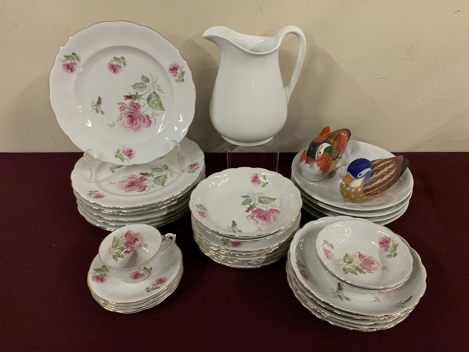 35 Pcs China and Korean Birds: Includes love birds, Imperial Parisian Granite Pitcher and Crown Helden China. Plate: 10 diameter. Ducks: 3-1/2 high.