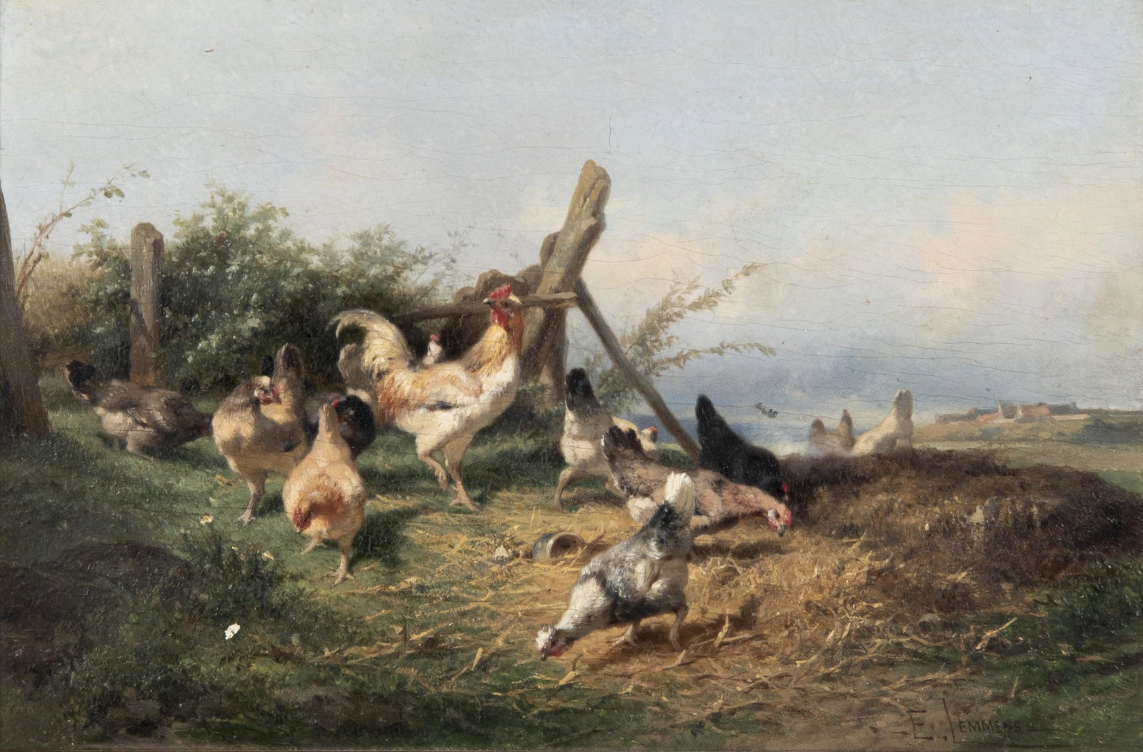 Emile Lemmens (French, 1821-1867): DESCRIPTION: Theophile-Victor-Emile Lemmens (French, 1821-1867). Oil on board. Chickens in yard. Signed lower right "E. Lemmens". Marked on back "Tachet Brevete A Paris". In gold painted wood frame. M