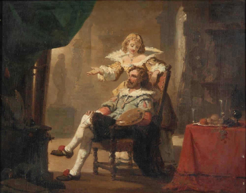 Oil on Canvas, 19th Century: DESCRIPTION: 19th century oil on canvas. Renaissance artist studio scene. Unsigned. Handwritten note and wax seal to reverse. In gold painted wood frame. MEASUREMENTS: Sight 11" x 13-1/2". Overall wit