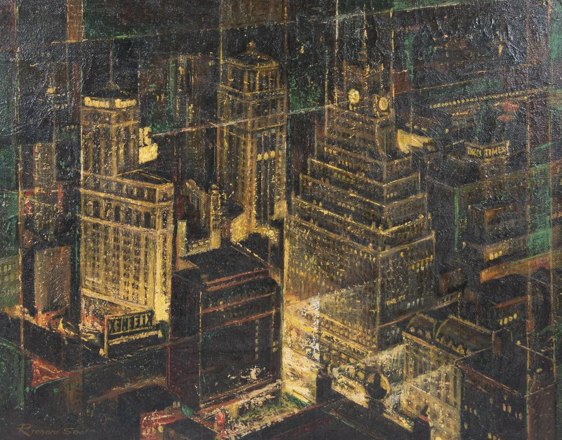 Richard Soot (Estonian, 1903-2002): DESCRIPTION: Richard Soot (Estonian, 1903-2002). Oil on canvas. Times Square - New York. Signed lower left. Signed and titled on verso. In wood frame. MEASUREMENTS: 23" x 29". Overall in frame 29" x 3