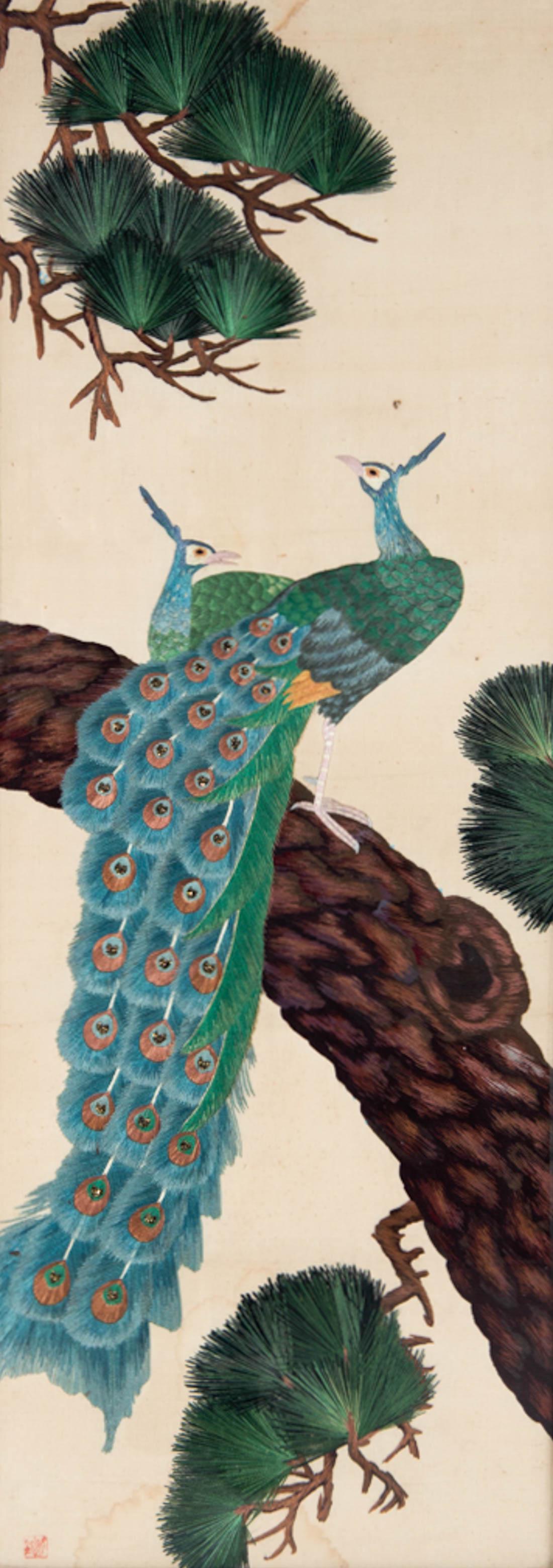 Asian Silk Embroidery of Peacocks (1 of 3)