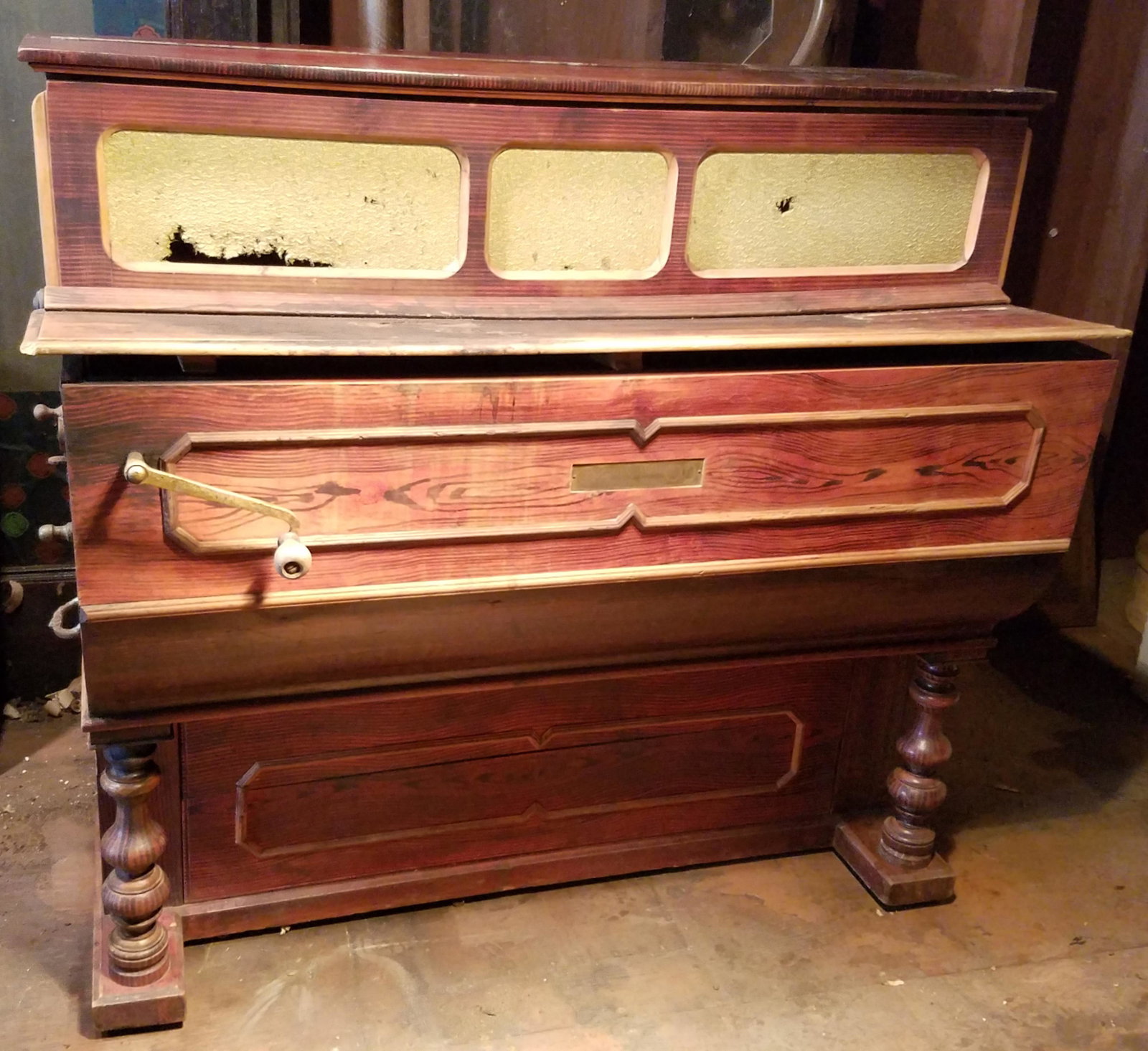 Grain Painted Spanish Barrel Organ: Interior label: "Antonio Apruzzese Cambios De Musica 6783". Exterior plaque: "Luis Casali Yorres Amat, 1-Barcelona". Overall 52" wide x 24" deep x 48-3/4" high. In working order. Some losses and scrat