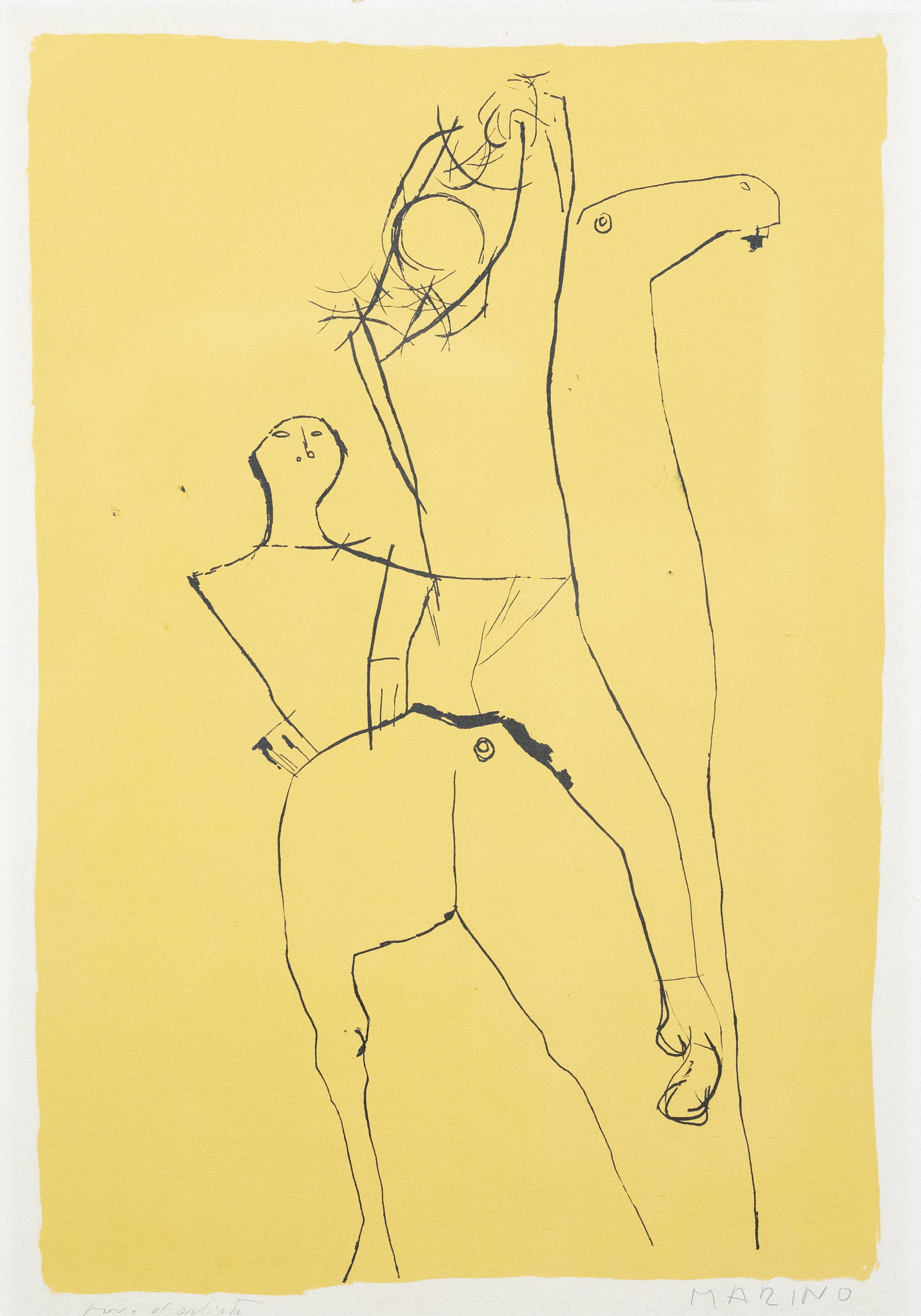 Marino Marini (Italian, 1901-1980): DESCRIPTION: Marino Marini (Italian, 1901-1980). Color Lithograph. Deux acrobats a cheval. Pencil signed Marino lower right. Artist proof lower left. In black frame. MEASUREMENTS: Sight 25-3/4" x 19-1