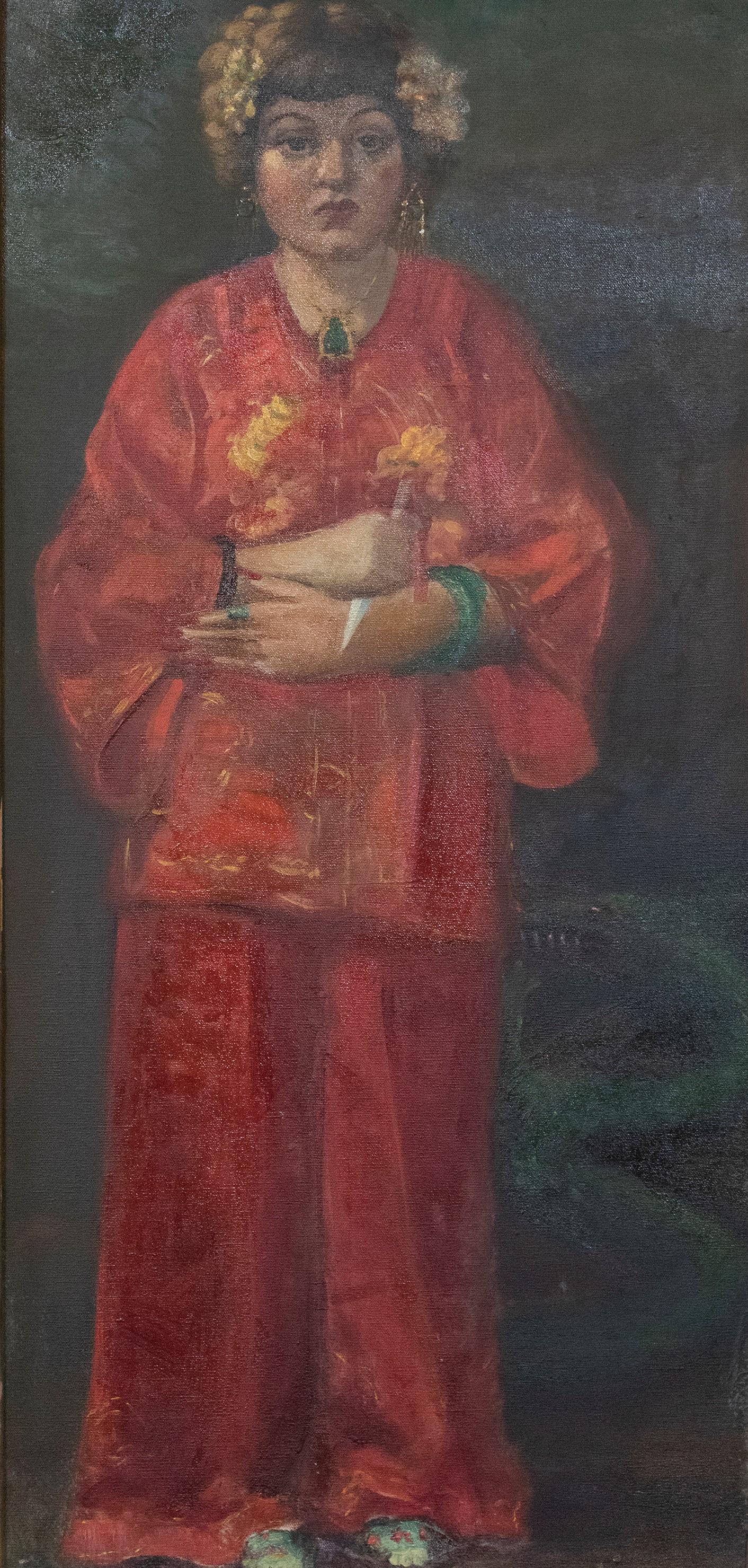 Continental School (19th/20th Century): DESCRIPTION: Continental School (19th/20th Century). Oil on canvas. Woman with knife and snake. Unsigned. In distressed frame. MEASUREMENTS: Sight 32-1/2" x 15-1/2". Overall with frame 36-1/2" x 19-1/