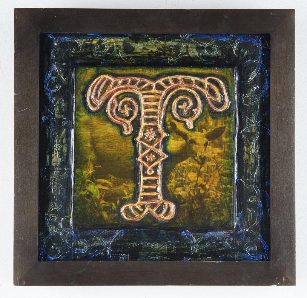 Tony Greene Wood Alphabet Block: DESCRIPTION: Tony Greene. Mixed media wood alphabet block of the letter T. 1989. Signed and dated on verso. Mounted in wood frame. Includes framed Sweet Oleaner art exhibition invitation and framed ad