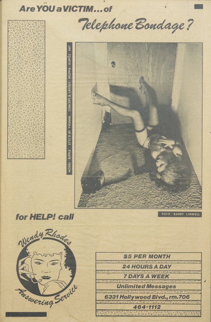 Hollywood Answering Service Ad "Telephone Bondage": DESCRIPTION: Vintage ad for Wendy Rhodes Answering Service, Hollywood. "Are you a victim of...Telephone Bondage?". Photo by Barry Linwell. Model - Ripple; Styled by Yvonne; Concept & Layout by Helppie