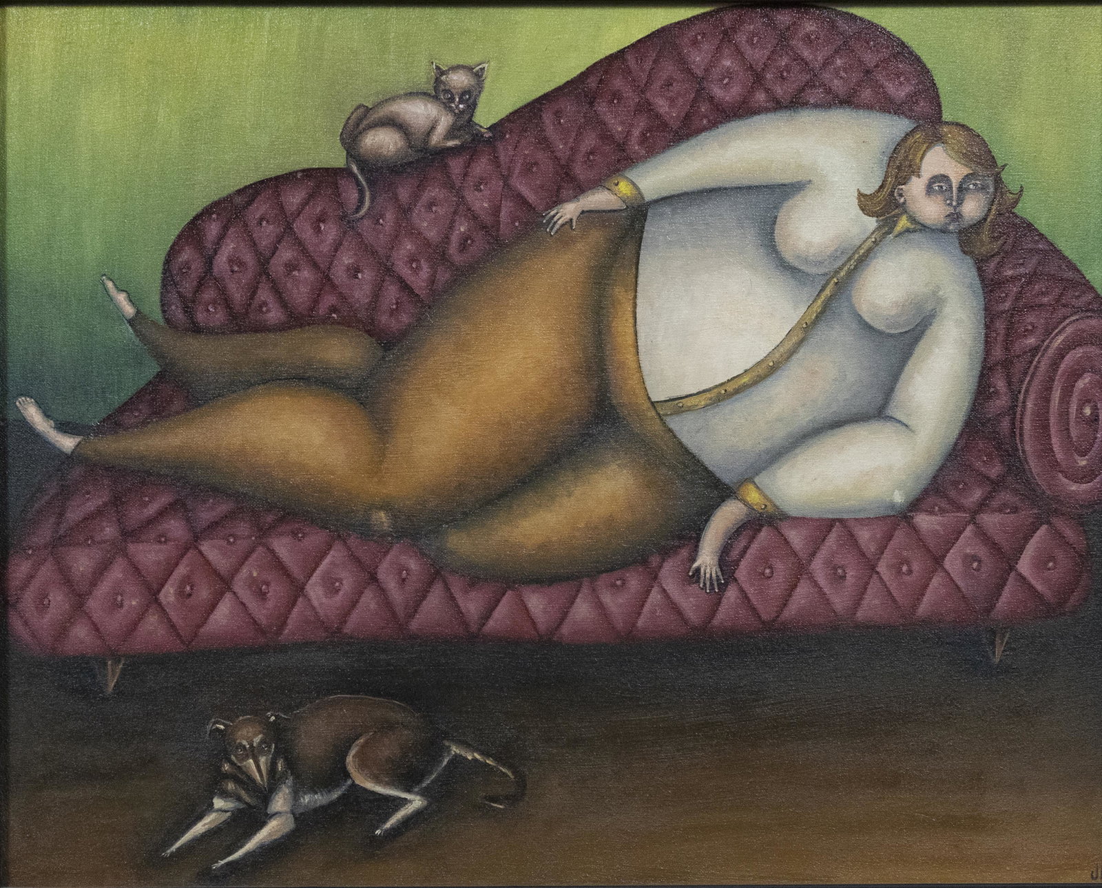 Jennifer Saftler (American, 20th/21st Century): DESCRIPTION: Jennifer Saftler (American, 20th/21st Century). Oil on canvas. Woman reclining on couch with dog and cat. Signed "JMS" lower right. In black frame. MEASUREMENTS: 15-1/2" x 19-1/2". Overal