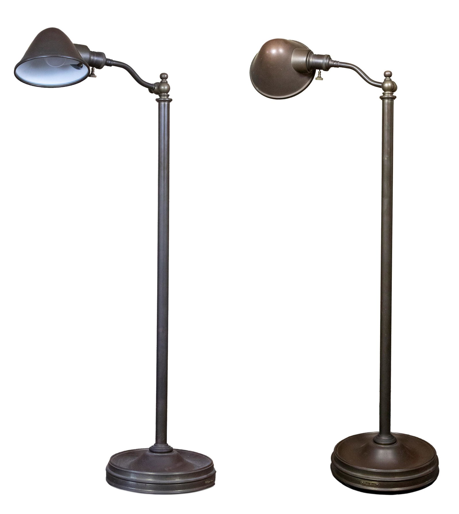 Pr Ralph Lauren Brass Floor Lamps: DESCRIPTION: Pair of Ralph Lauren patinated brass floor lamps. Swing arms. MEASUREMENTS: Each 16" diameter at base x 40" high. CONDITION: No defects noted.