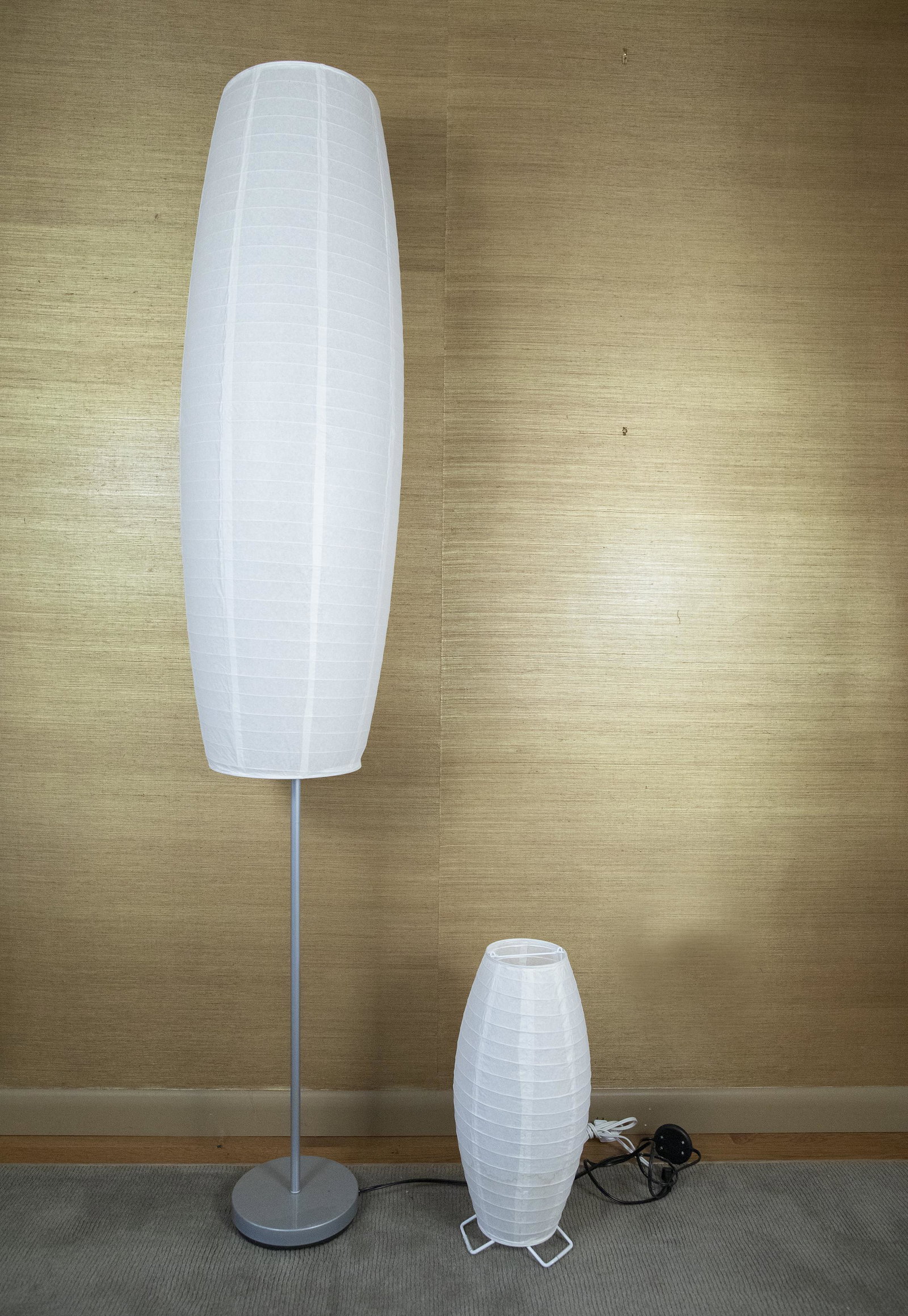 2 Lamps, Paper Shades on Metal Frames: DESCRIPTION: Two lamps. Paper shades on metal frames. Table lamp 18" high. Floor lamp 69" high. MEASUREMENTS: See Description. CONDITION: No defects noted.
