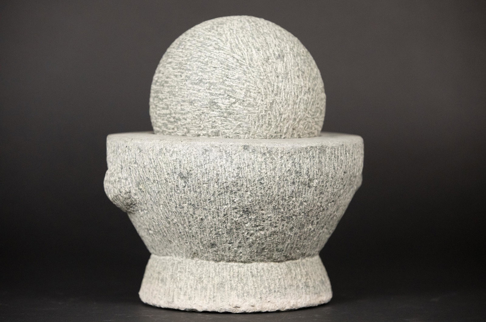 Ball & Mortar Sculpture: DESCRIPTION: Ball and mortar sculpture. Two pieces. MEASUREMENTS: 11" x 10". CONDITION: Light surface wear.