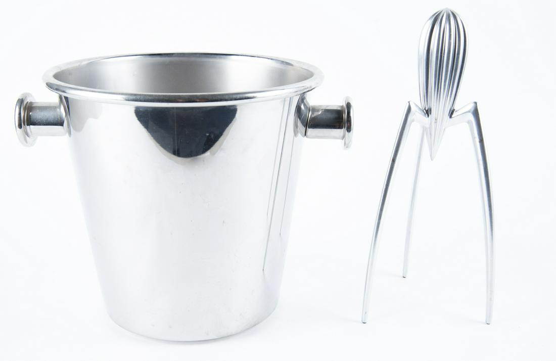 Alessi Stainless Steel Reamer and Ice Bucket: DESCRIPTION: Two pieces of Alessi stainless sttel. Includes:1) Philippe Starck for Alessi reamer or juicer. 12" high. 2) Champagne or ice bucket. 10" diameter x 9" high. MEASUREMENTS: See Description.