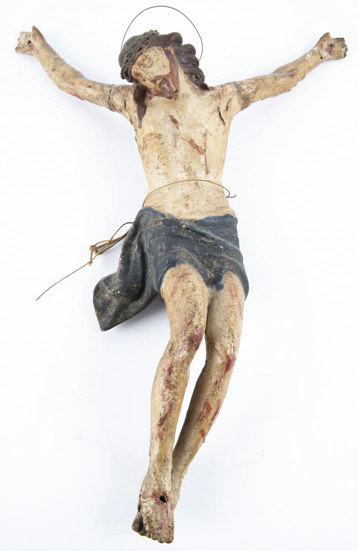 Early Papier Mache Figure of Crucified Christ: DESCRIPTION: Early papier mache figure of the crucified Christ. With wire for hanging. MEASUREMENTS: 15" wide x 17" high. CONDITION: Cracks ad losses to hands and feet.