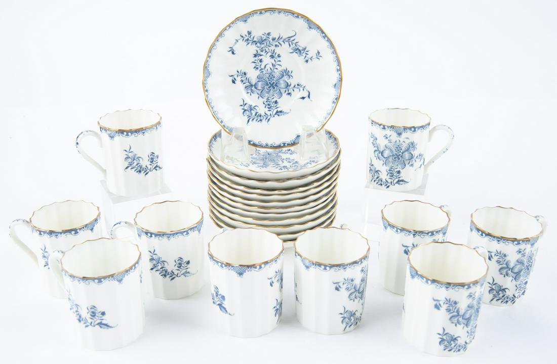 22 Pc Royal Worcester Mansfield Blue Demitasse Set: DESCRIPTION: Twenty-two pieces Royal Worcester bone china in the Mansfield Blue pattern. Each marked on bottom. Includes twelve 4-3/8" saucers and ten 2-1/4" demitasse cups. MEASUREMENTS: See descript