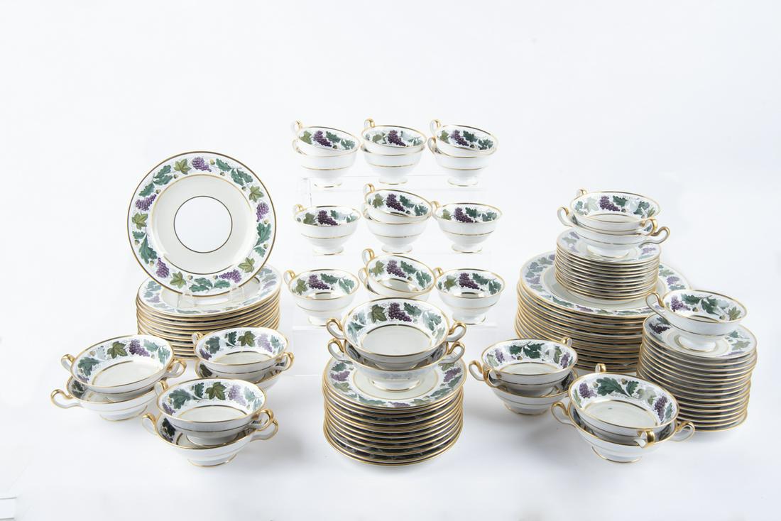 92 PCs Copeland Spode Kent Celadon Dinnerware: DESCRIPTION: Ninety-two pieces Copeland Spode procelain dinnerware in the Kent Celadon pattern. Each marked to bottom "Spode Copeland China England Reproductino of a Spode Pattern Period A.D. 1808". I