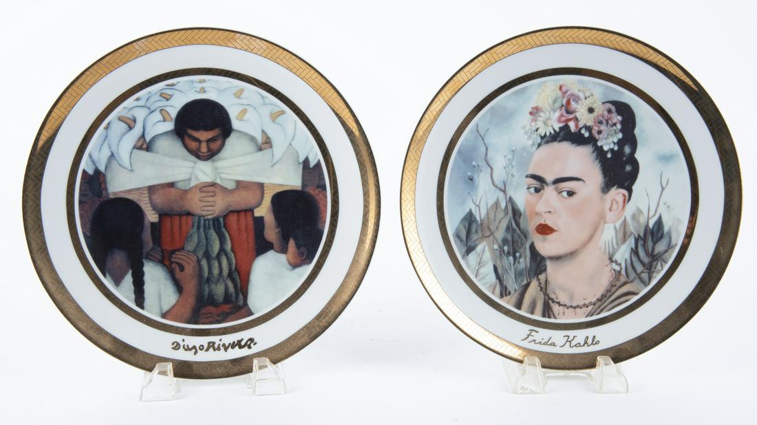 2 Rosenthal Artists Plates Incl Frida Kahlo: DESCRIPTION: Two Rosenthal artists plates with 24K gold rims. Marked on bottom "Godven International S.A. de C.V.". Includes: 1) Frida Kahlo. "Autorretrato con Collar de Espinas". 1940. 2) Diego River