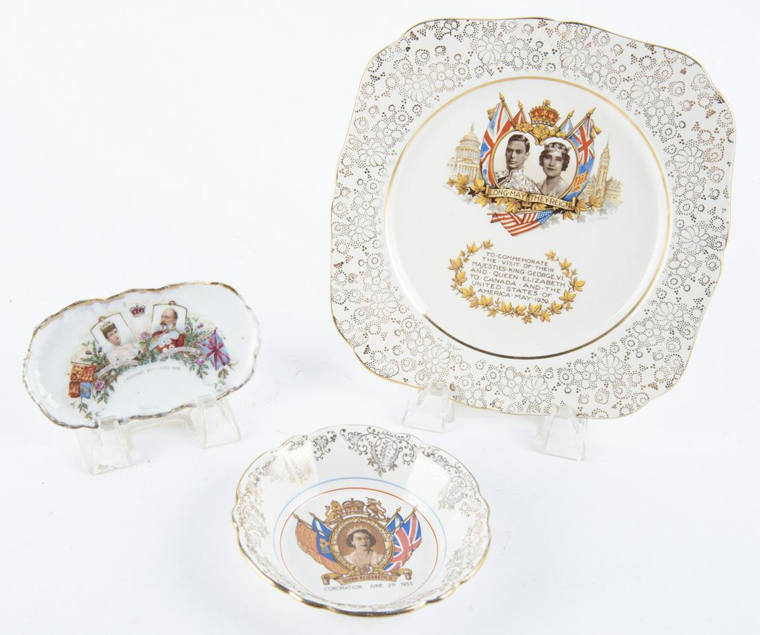 3 Coronation Commemorative Porcelain Dishes: DESCRIPTION: Three coronation commemorative pocelain dishes. Includes: 1) Square King George VI and Queen Elizabeth, May 1939 commemorative plate. Marked on bottom "Made in England H&K Tunstall". With