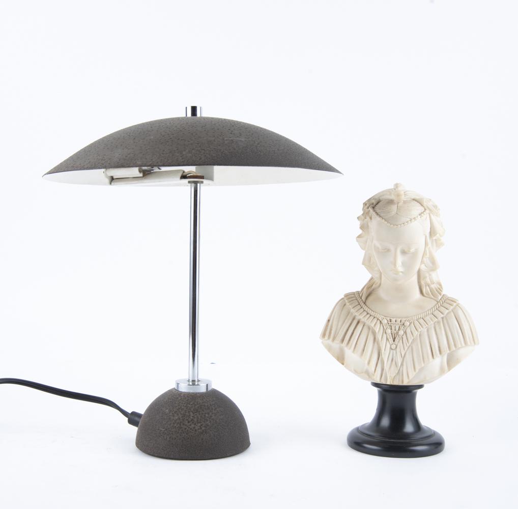 Modernist Lamp and A. Gianelli Bust: DESCRIPTION: Two pcs of home decor. Includes: 1) A. Gianelli alabaster bust of Angelica Maria on wood base. Signed "A. Gianelli" to underside. 9" high. 2) Modernist lamp with chrome pole and dome styl