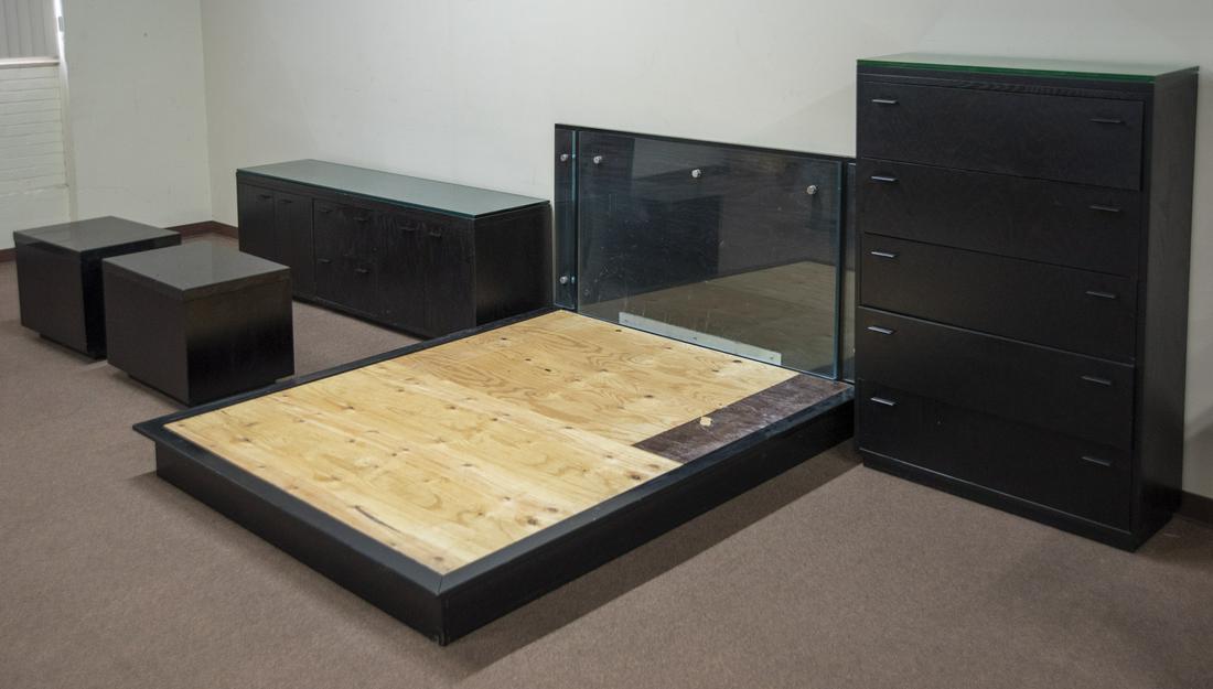 Five Piece Custom Made Ash Bedroom Suit: DESCRIPTION: Five piece custom made ash bedroom suit. Includes queen sized bed with plexiglass headboard, two side tables with polished granite tops. Low dresser and chest of drawers with plexiglass t