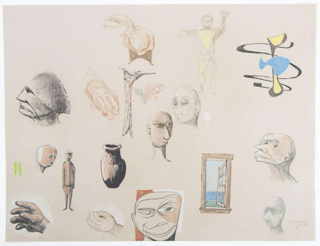 Seymour Klate (American, 1919 - 1992) 16 Studies: DESCRIPTION: Seymour Klate (American, 1919 - 1992). Pen, pencil. and watercolor on paper. Sixteen studies. Each initialed. Seymour Klate was a prominent television, movie Production Designer, Art Dire