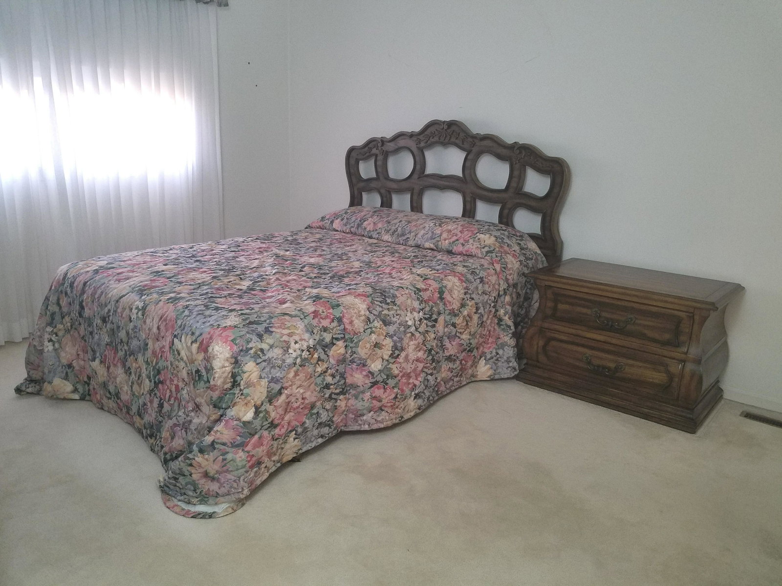 Bed and Nightstand: Nightstand: 32" wide x 18" deep x 22" high. Bed: 60-1/2" wide x 75" deep x 48" high. Mattress and box spring included. No manufacturers label. Bedding not included.