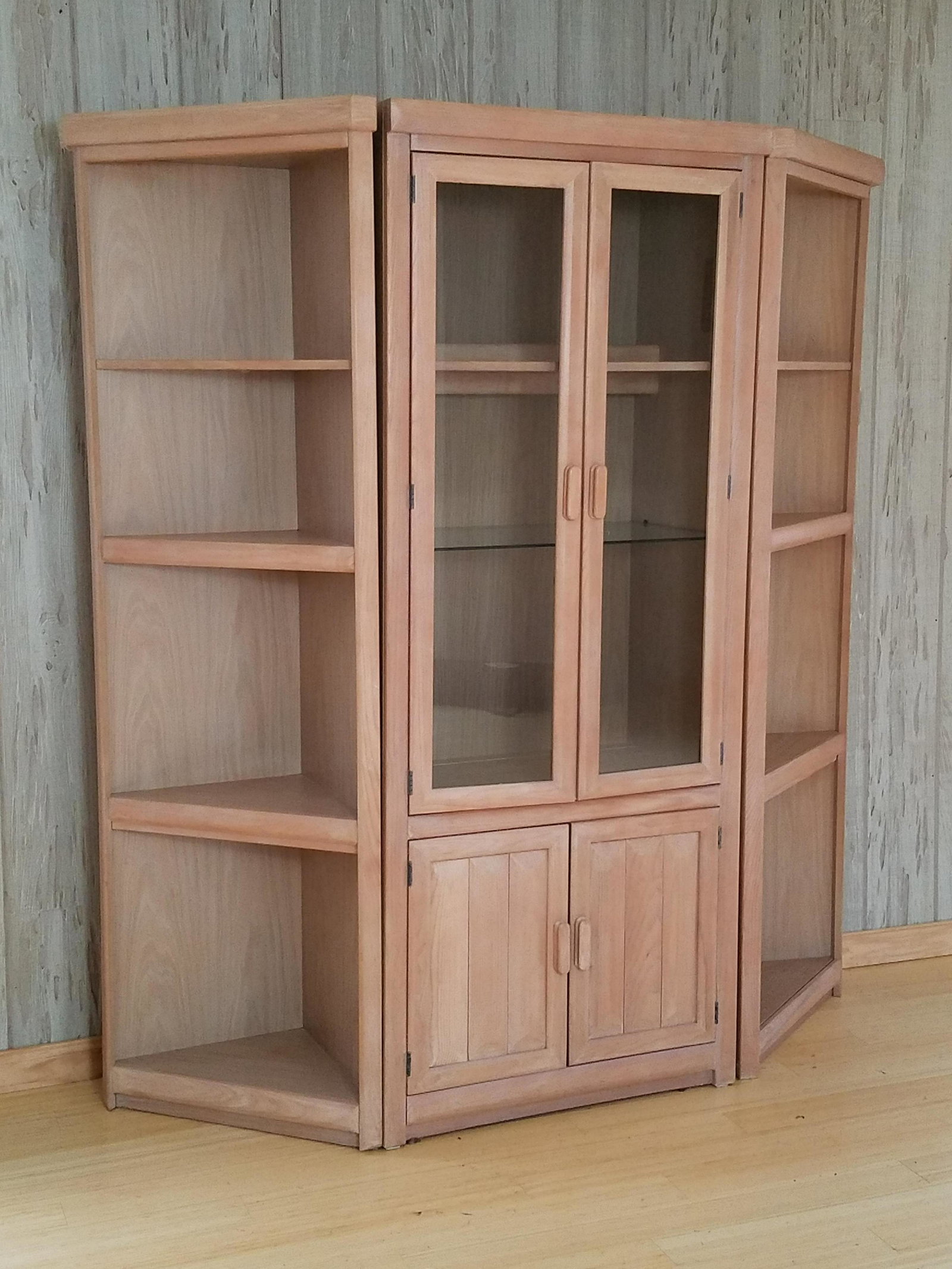 3 Section Wall Shelves and Cabinet: Overall 71-1/4" wide x 17-1/2" deep x 71-1/2" high. Made in USA.