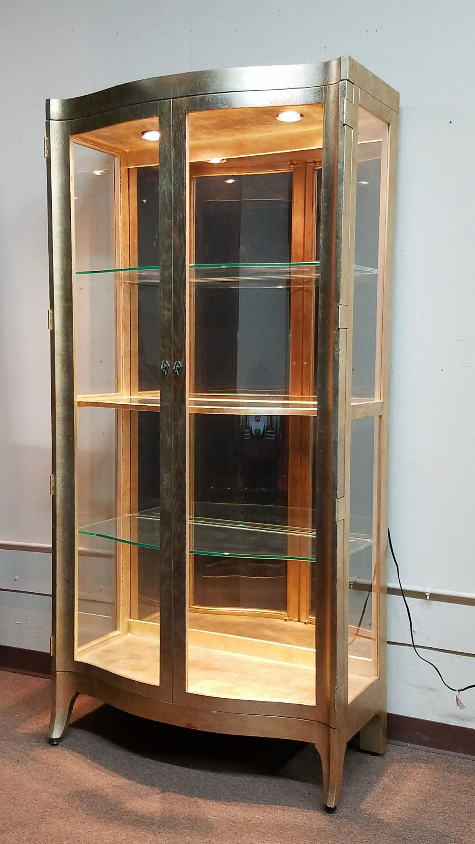 Henredon Gilt Lighted Curio: 39-1/2" wide x 22" deep x 83-1/4" high.