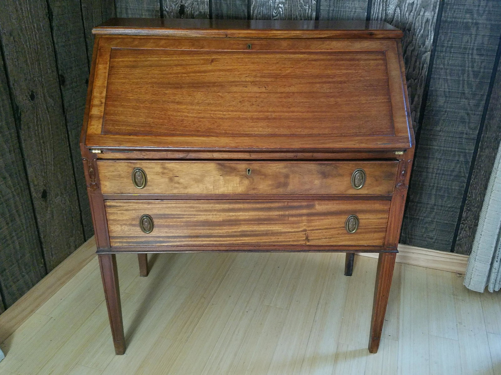 Berkley Furniture Co Slant Front Desk: 34" wide x 18" deep x 38-1/4" high. Minor scratches.
