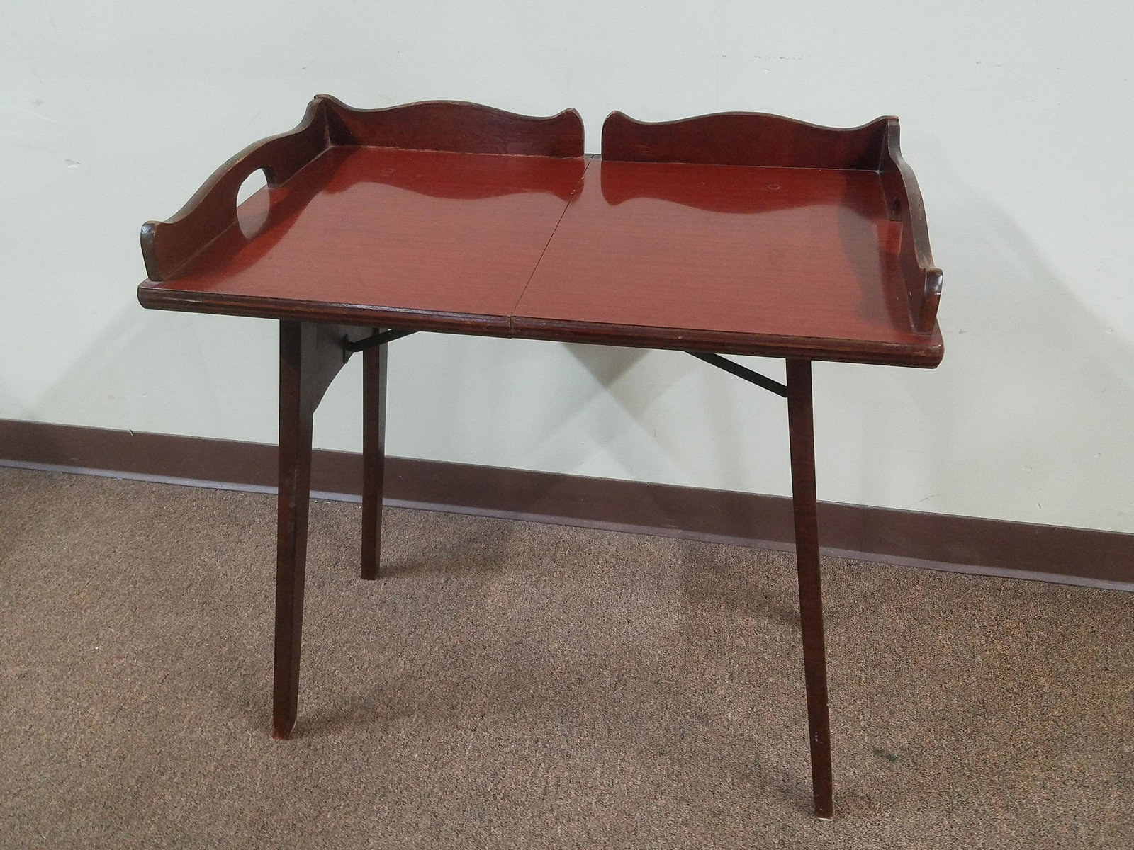 Folding Tray Table: 27-1/2" wide x 17-3/4" deep x 28-1/2" high. Some nicks and scratches.