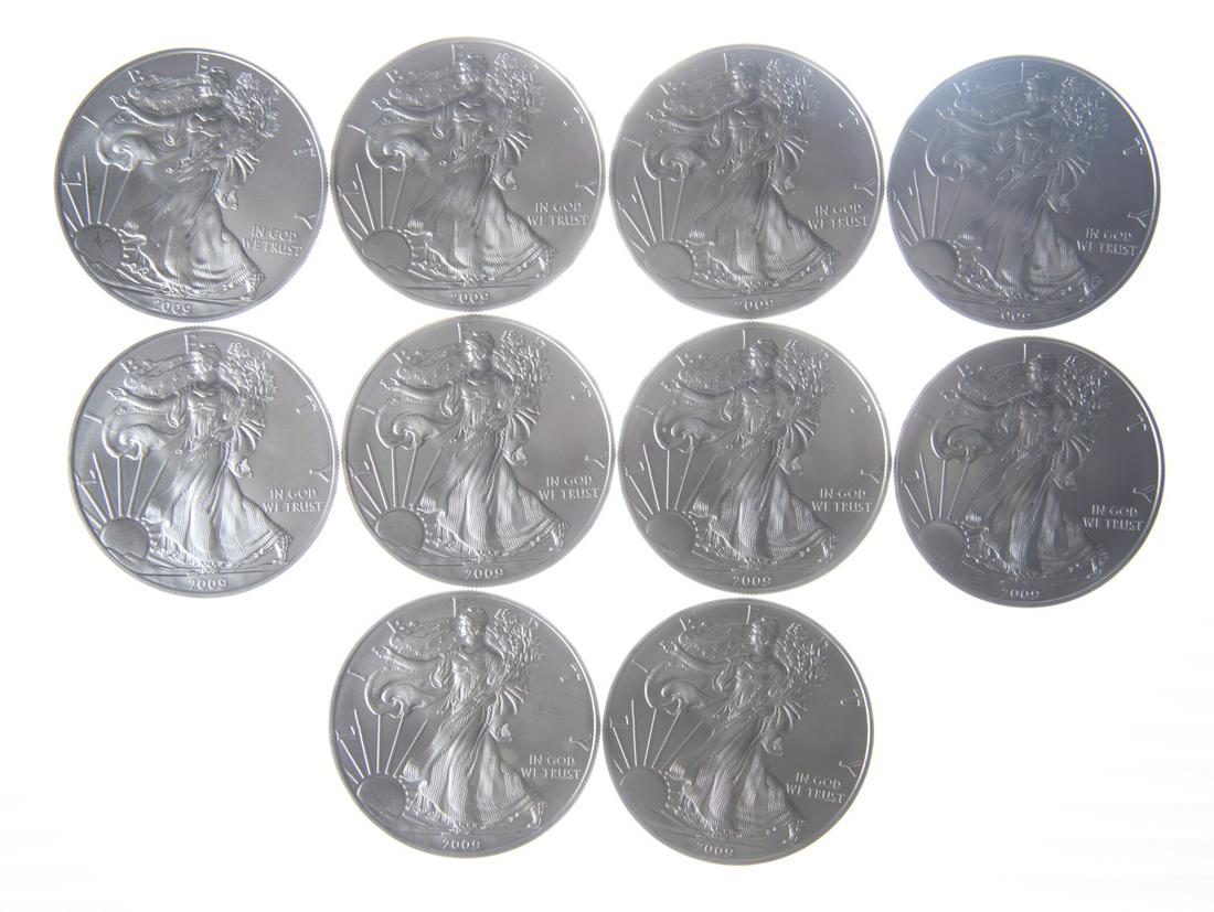 10 2009 Unc American Silver Eagles (1 of 2)
