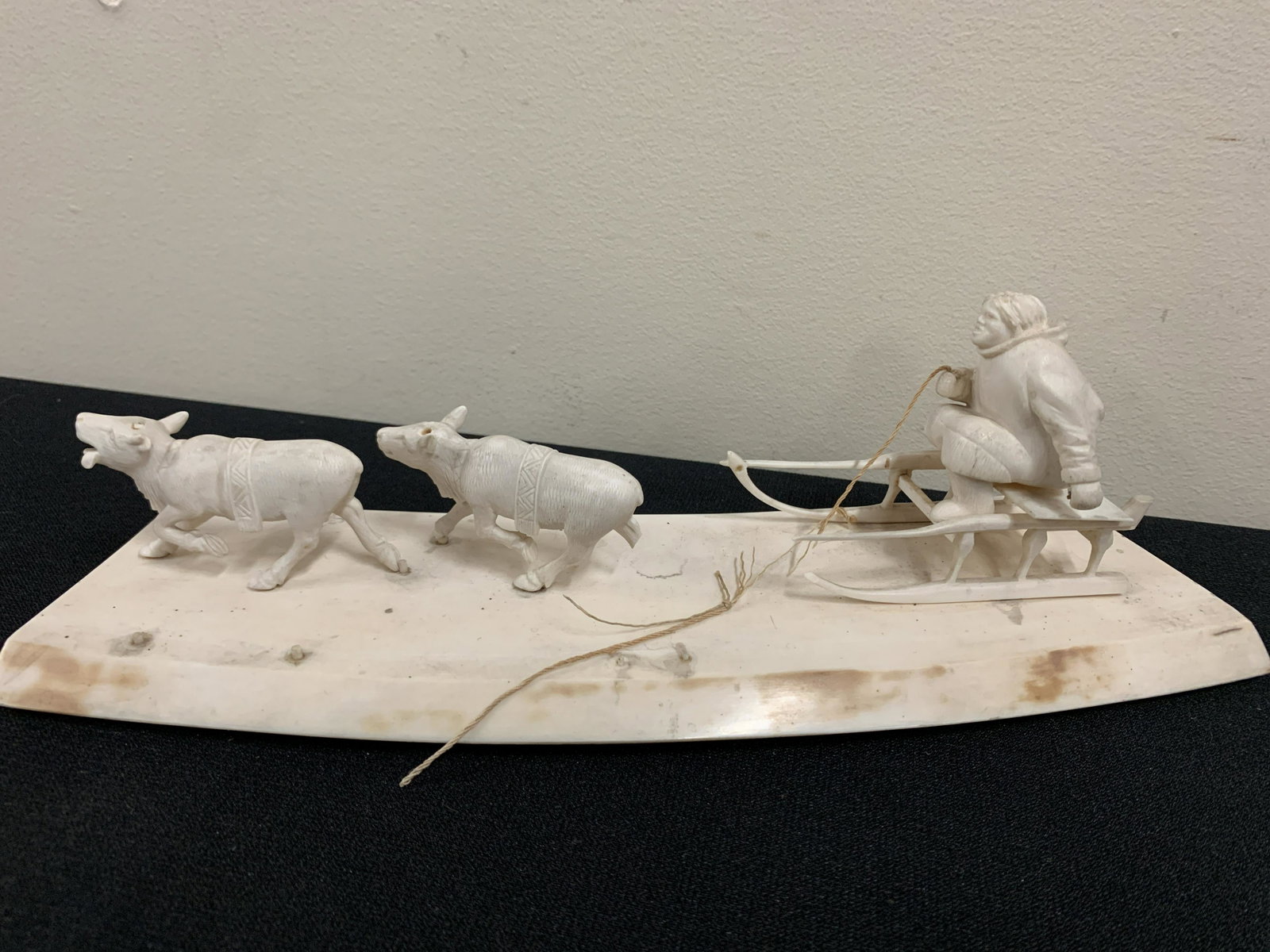Scandinavian Sleigh Carving: 11" wide x 3-1/2" deep x 3-1/2" high. Figures with losses. Detached from base. Property of George Kennan's summer home located in East Berlin, PA.