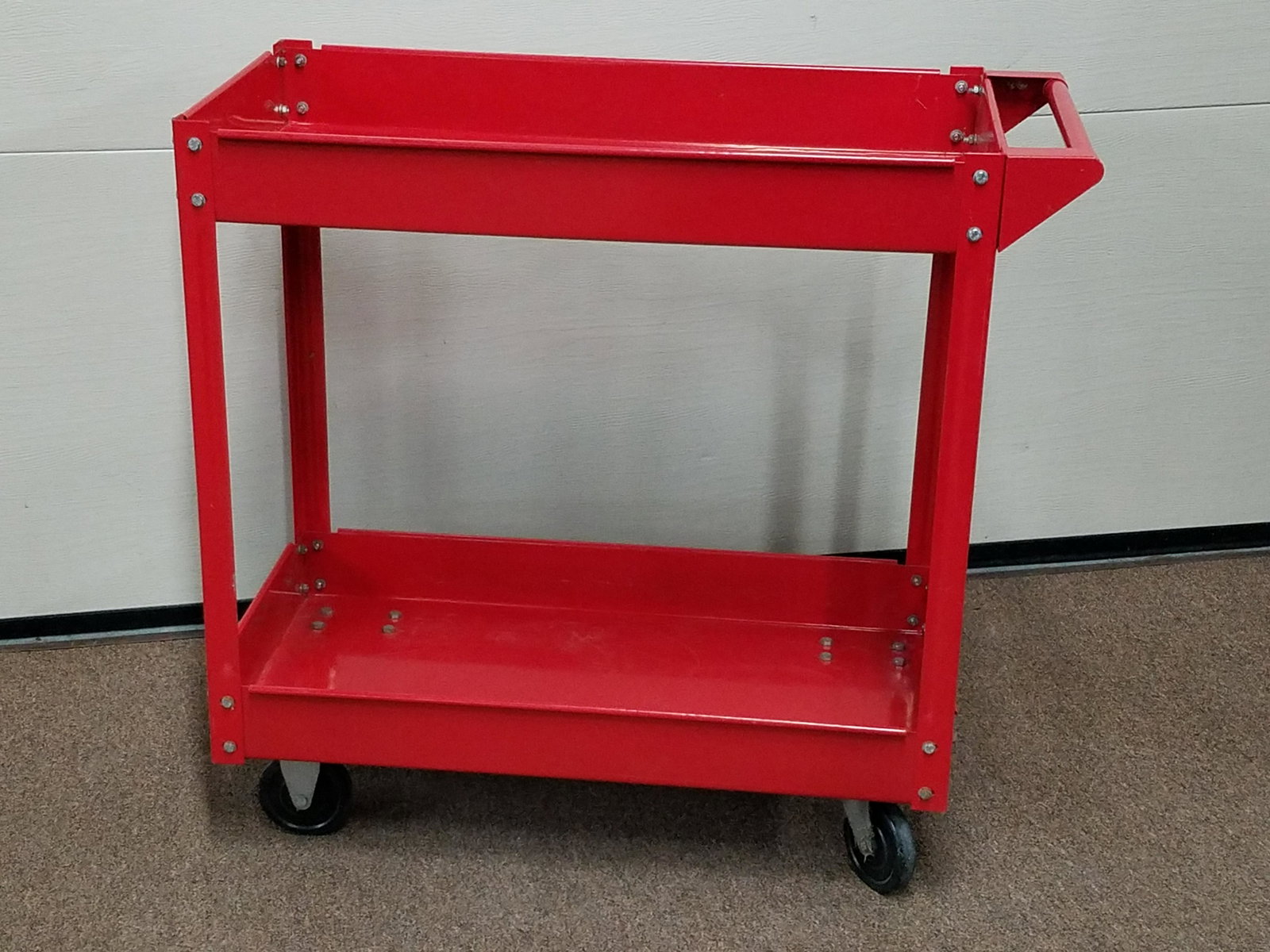 2 Tier Utility Cart: 33" wide x 16" deep x 30-1/2" high. Some scratches to paint.