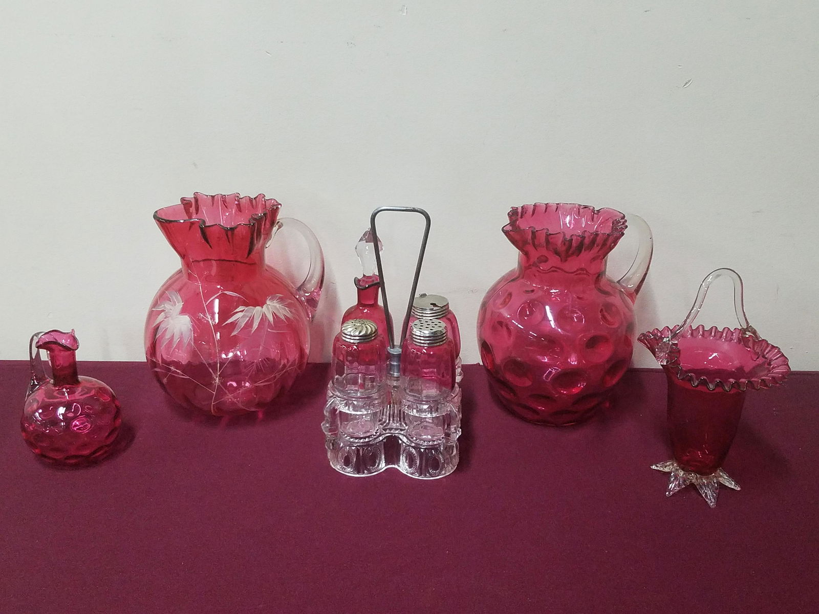 9 Pcs Cranberry Glass incl Cruet Set (1 of 5)